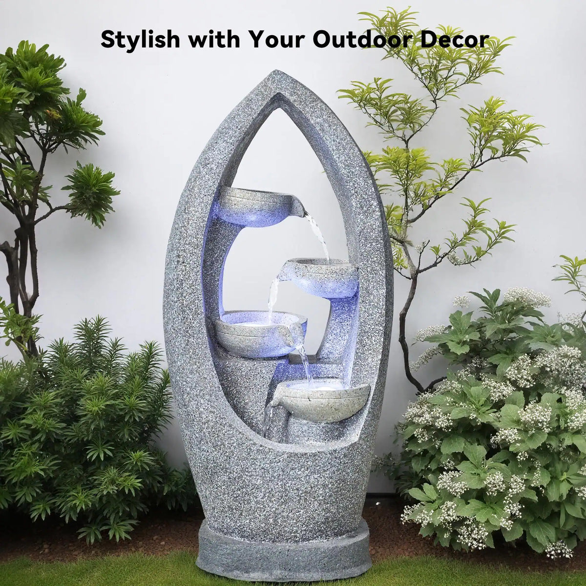 4 Tier Flowing Water Indoor/Outdoor Fountain Modern Hollow Oval and Blue Lighting Healing Decor