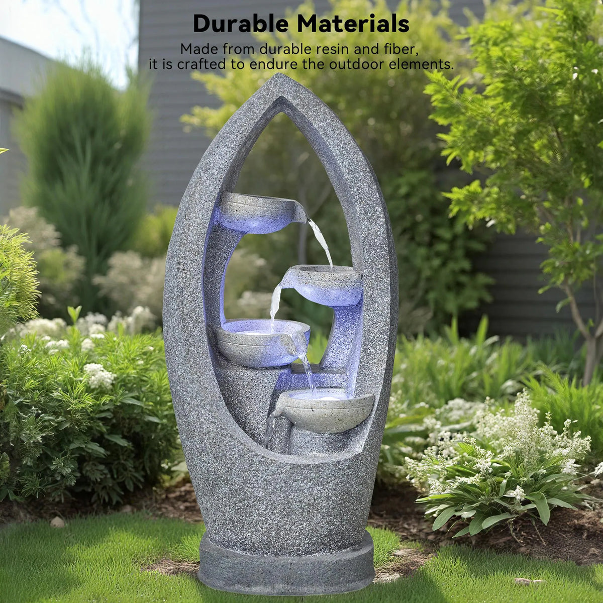 4 Tier Flowing Water Indoor/Outdoor Fountain Modern Hollow Oval and Blue Lighting Healing Decor