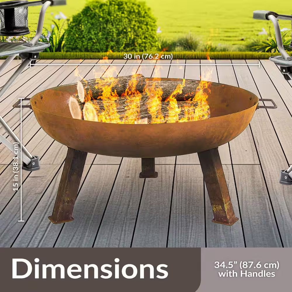 Rustic 30 In. W X 15 In. H round Cast Iron Wood-Burning Fire Pit Bowl