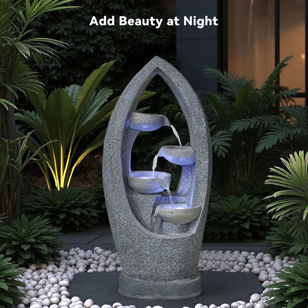 4 Tier Flowing Water Indoor/Outdoor Fountain Modern Hollow Oval and Blue Lighting Healing Decor