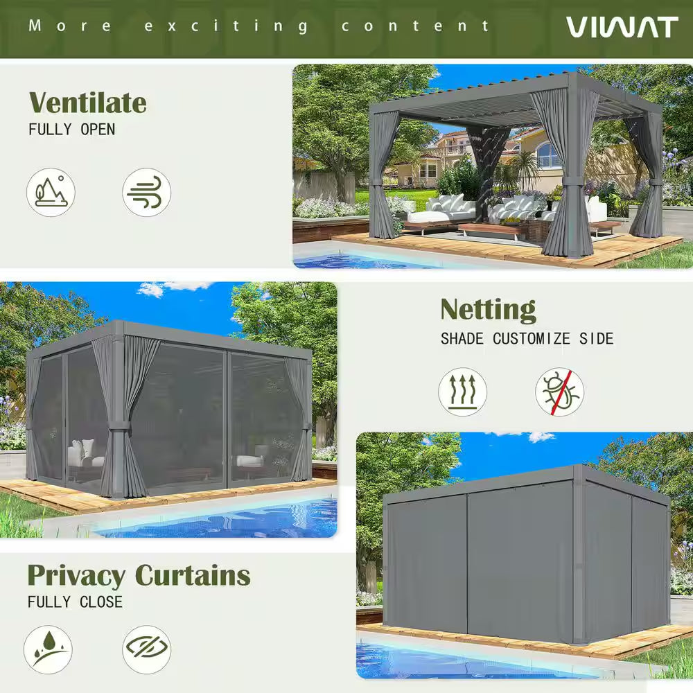 12 Ft. W X 10 Ft. D Aluminum Pergola with Adjustable Louvered Roof, Waterproof Curtains and Nets