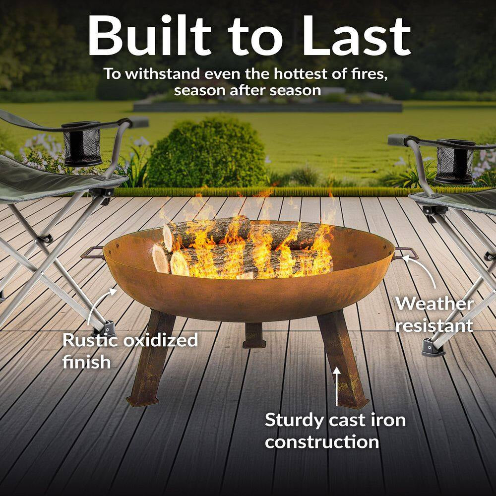 Rustic 30 In. W X 15 In. H round Cast Iron Wood-Burning Fire Pit Bowl