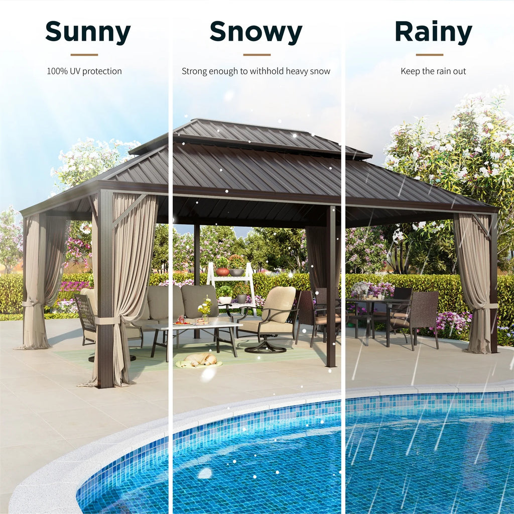 14' X 20' Hardtop Gazebo Aluminum Frame Galvanized Steel Double Roof Patio Gazebo with Netting & Curtains Brown