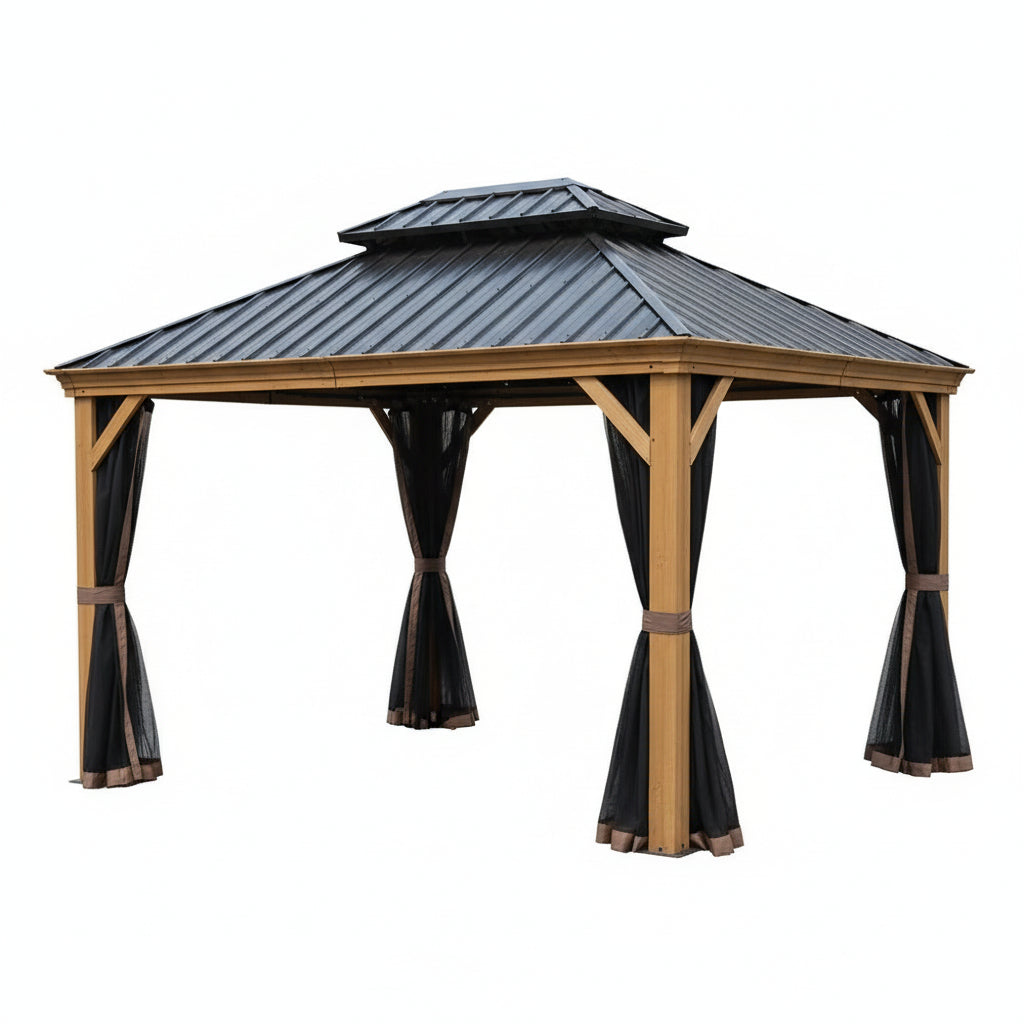 Kozyard Apollo 10 Ft. X 12 Ft. Wood like Aluminum Hardtop Gazebo with Galvanized Steel Roof and Mosquito Net