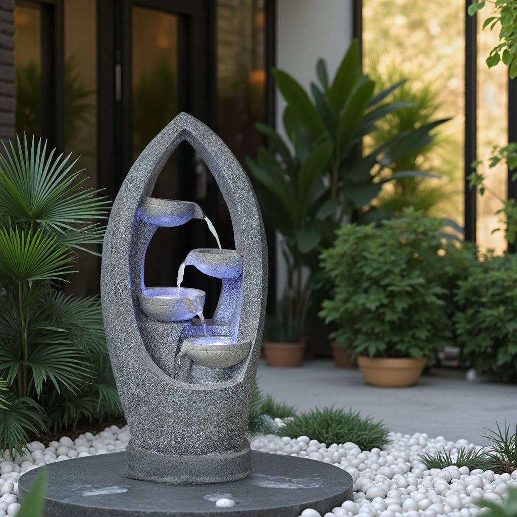 4 Tier Flowing Water Indoor/Outdoor Fountain Modern Hollow Oval and Blue Lighting Healing Decor