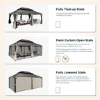 14' X 20' Hardtop Gazebo Aluminum Frame Galvanized Steel Double Roof Patio Gazebo with Netting & Curtains Brown
