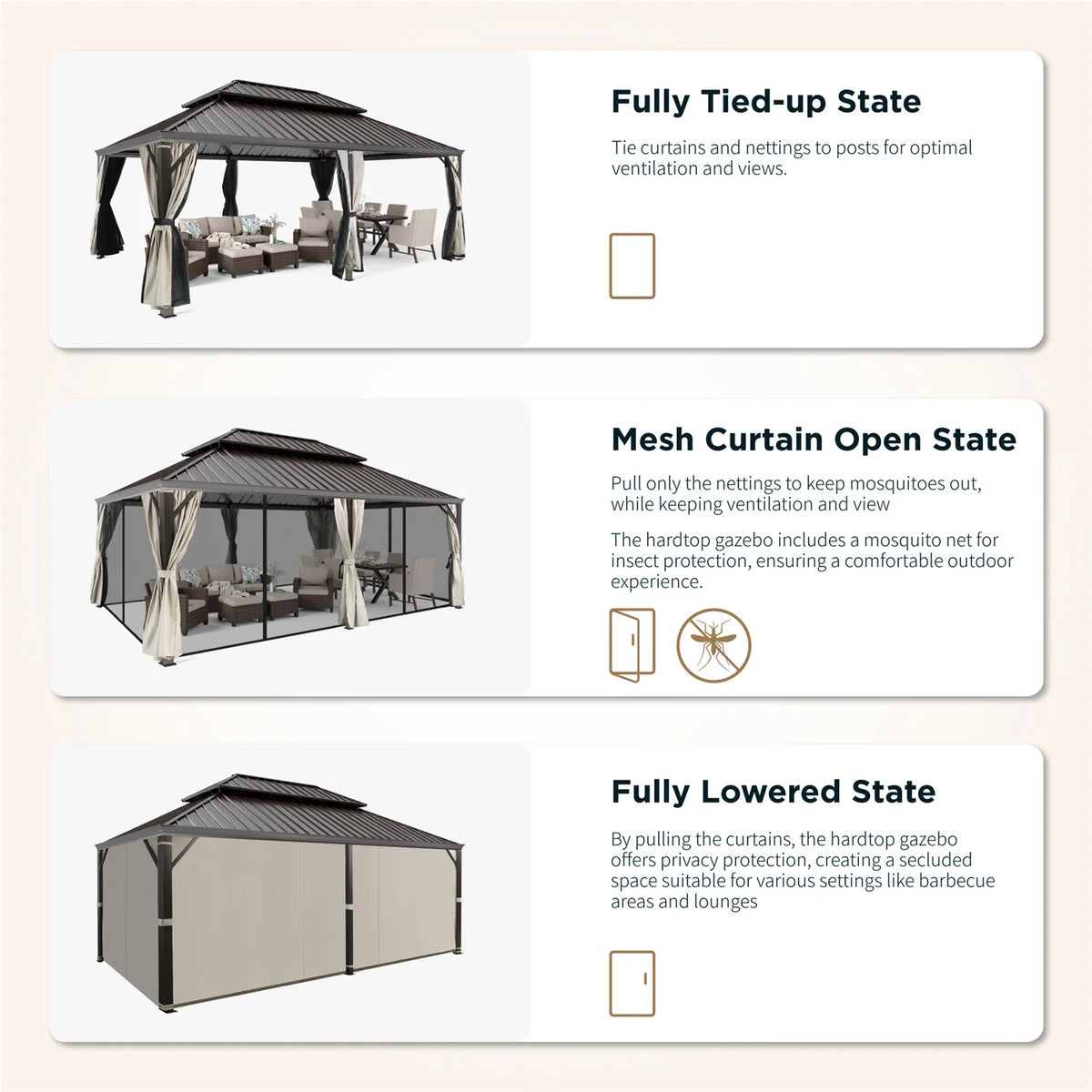 14' X 20' Hardtop Gazebo Aluminum Frame Galvanized Steel Double Roof Patio Gazebo with Netting & Curtains Brown