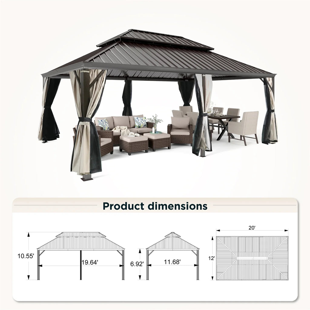 14' X 20' Hardtop Gazebo Aluminum Frame Galvanized Steel Double Roof Patio Gazebo with Netting & Curtains Brown
