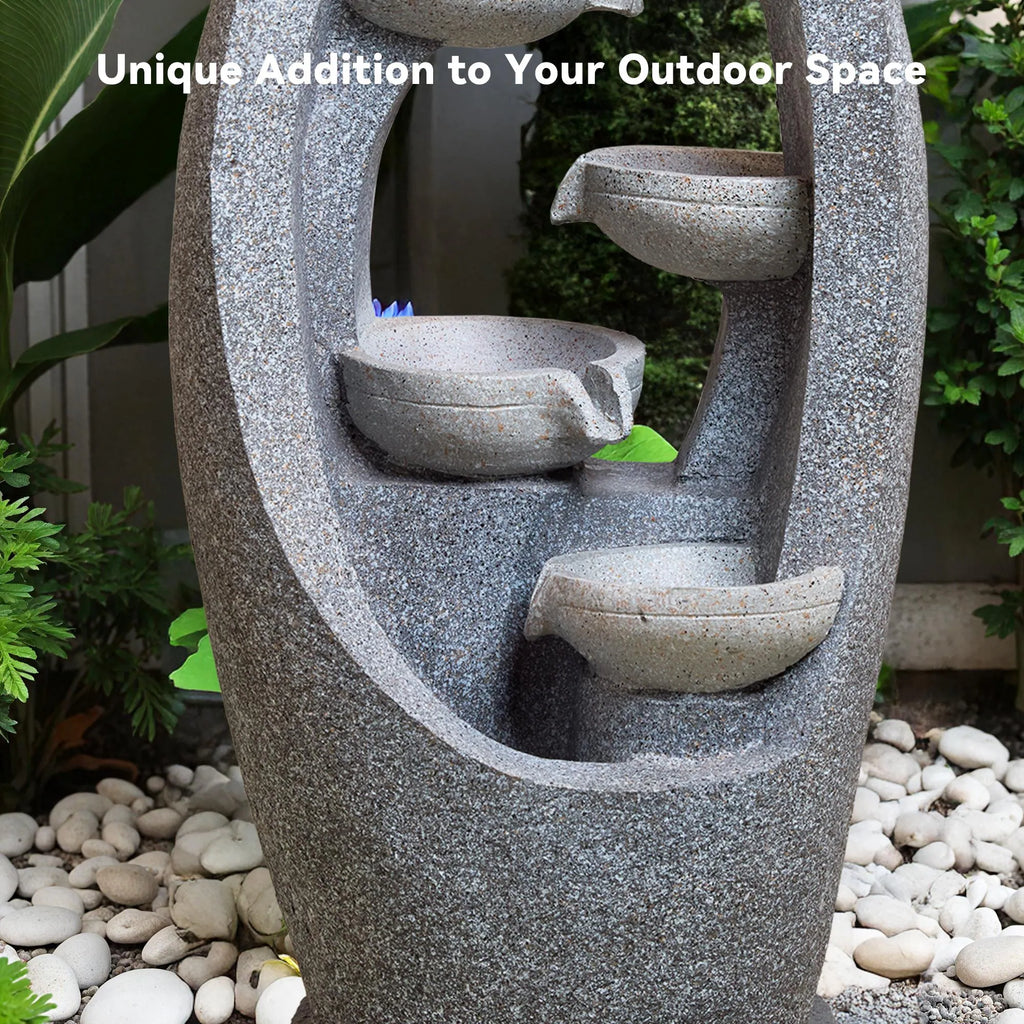 4 Tier Flowing Water Indoor/Outdoor Fountain Modern Hollow Oval and Blue Lighting Healing Decor