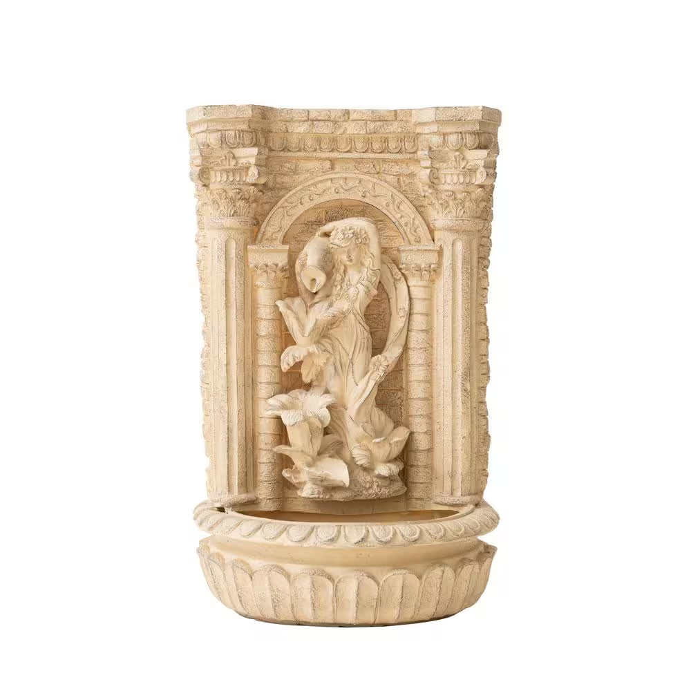 30.3" Solar Waterfall Pot Fountain, Tall Brown Maiden Holding Pot Wall Fountain, Outdoor Water Fountain, Polyresin