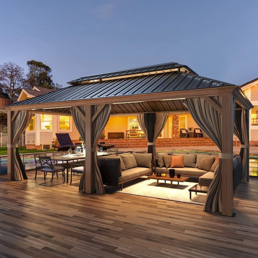 12' X 20' Hardtop Gazebo, Wooden Finish Coated Aluminum Frame Gazebo with Galvanized Steel Double Roof with Curtains and Netting