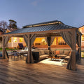 12' X 20' Hardtop Gazebo, Wooden Finish Coated Aluminum Frame Gazebo with Galvanized Steel Double Roof with Curtains and Netting