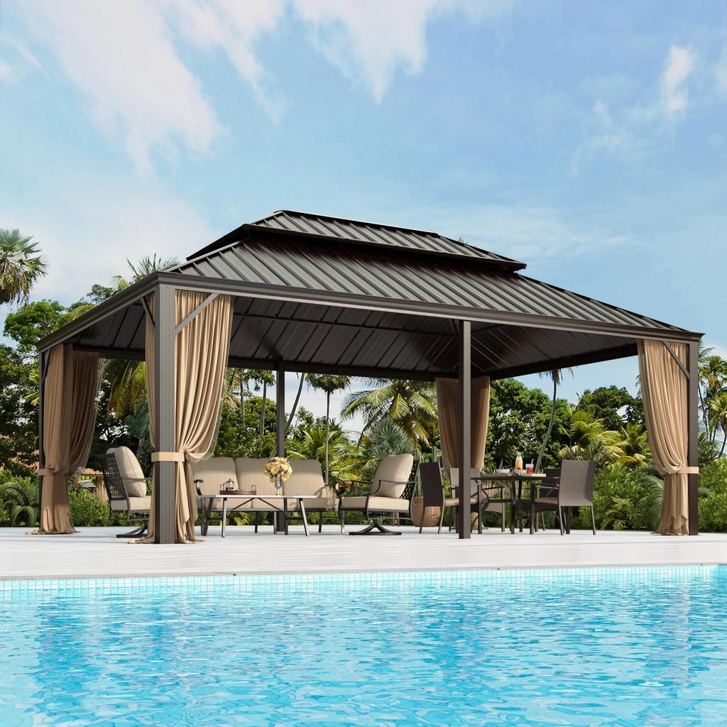 14' X 20' Hardtop Gazebo Aluminum Frame Galvanized Steel Double Roof Patio Gazebo with Netting & Curtains Brown