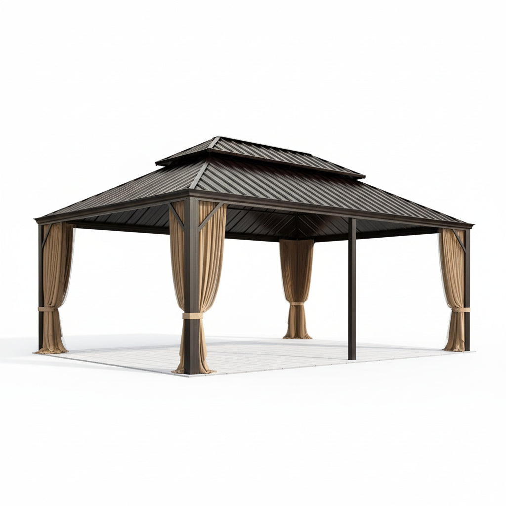 Erommy 14' X 20' Hardtop Gazebo Aluminum Frame Galvanized Steel Double Roof Patio Gazebo with Netting & Curtains Brown