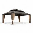 Erommy 14' X 20' Hardtop Gazebo Aluminum Frame Galvanized Steel Double Roof Patio Gazebo with Netting & Curtains Brown